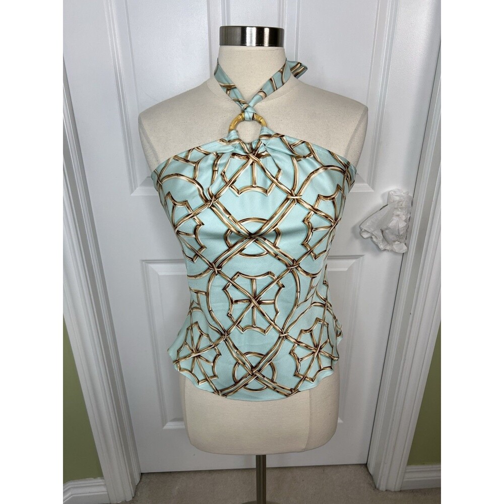J. McLaughlin Silk Asian Bamboo Print Pale Green Halter Tank Top Made In USA